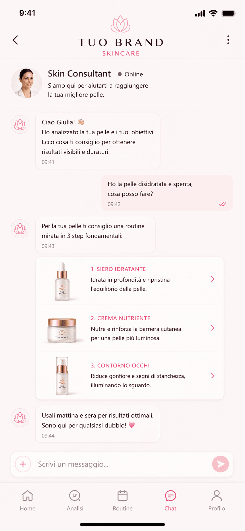 Chat skincare assistant con consigli prodotto